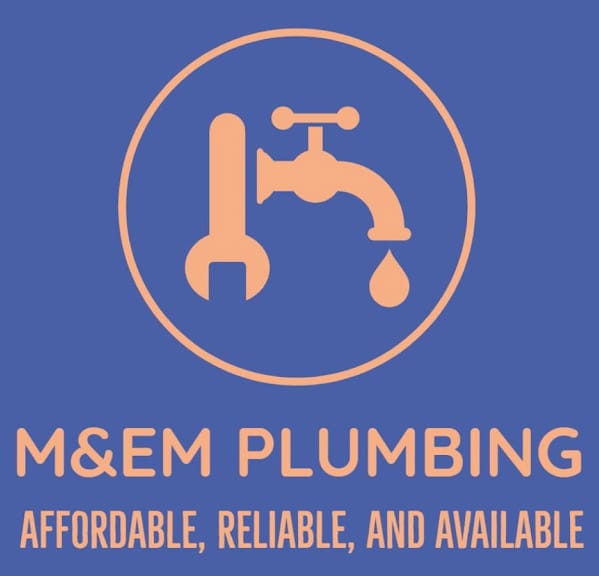Logo for M&M Plumbing featuring a wrench, faucet, and drop of water, with the tagline Affordable, Reliable, and Available on a blue background.