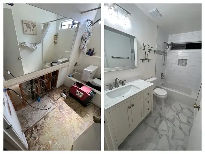 Side-by-side photos show a bathroom before and after renovation; the left is gutted, while the right is complete with new fixtures, tiles, and a clean, modern look.